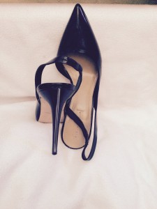 BCBG Black 5 inch chrome piped sling backs